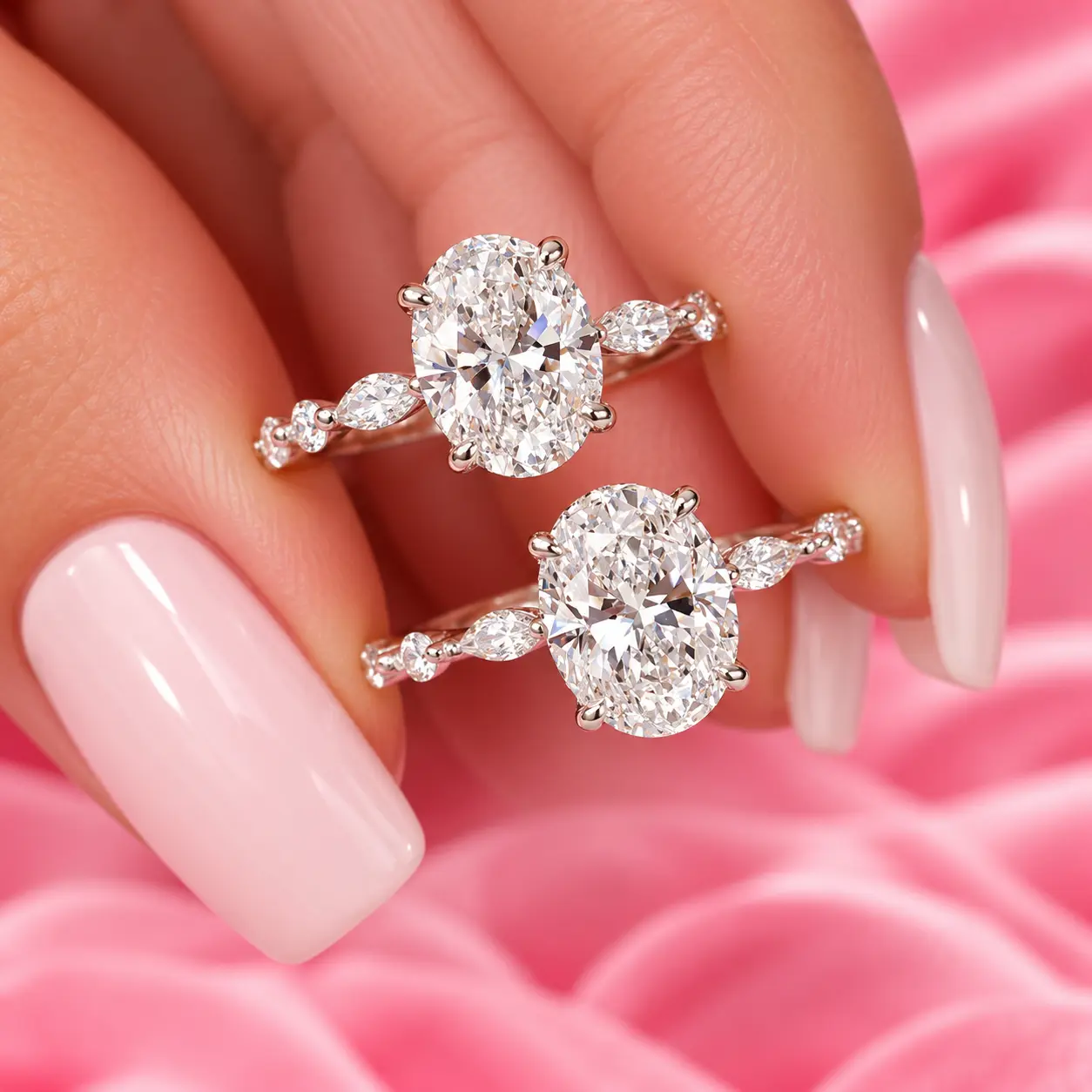 Two oval diamond engagement rings in platinum