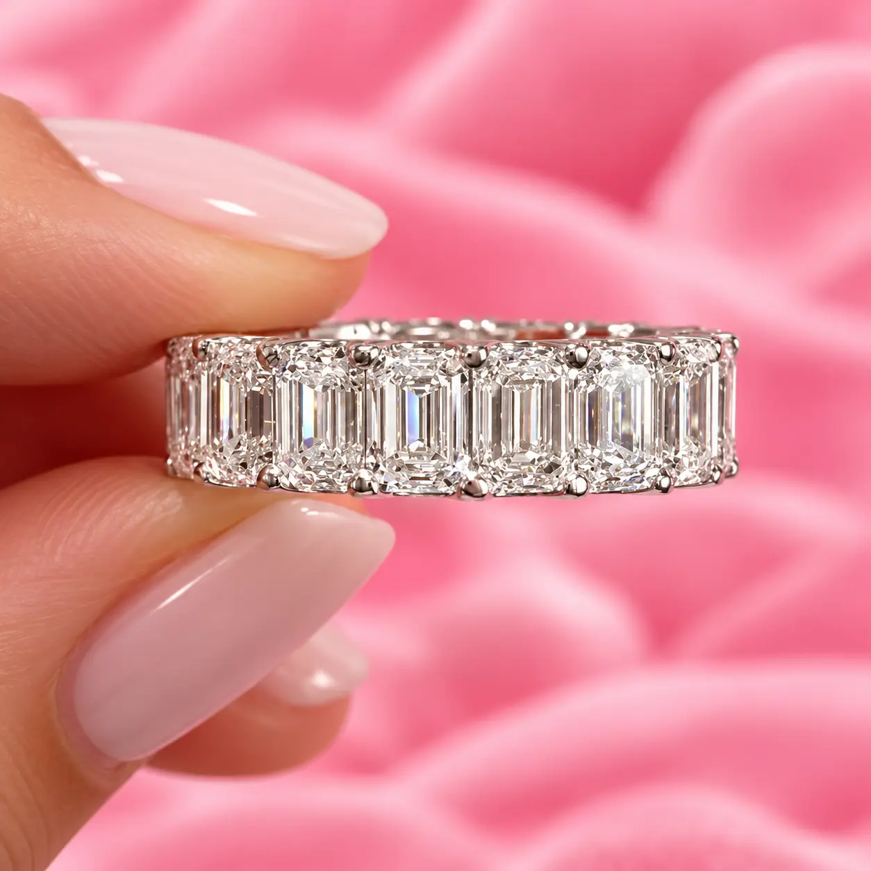 Emerald-cut diamond eternity band in platinum
